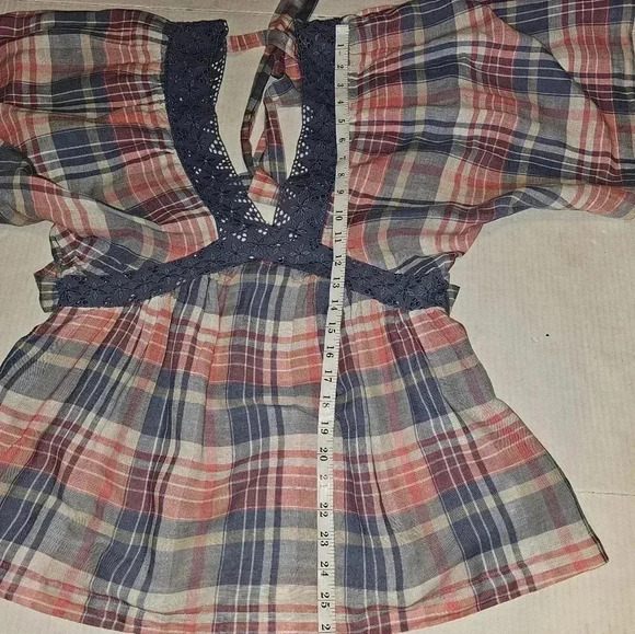 Free People Boho,Plaid/Lace Open Back Cottagecore Batwing Blouse XS - Picture 10 of 12